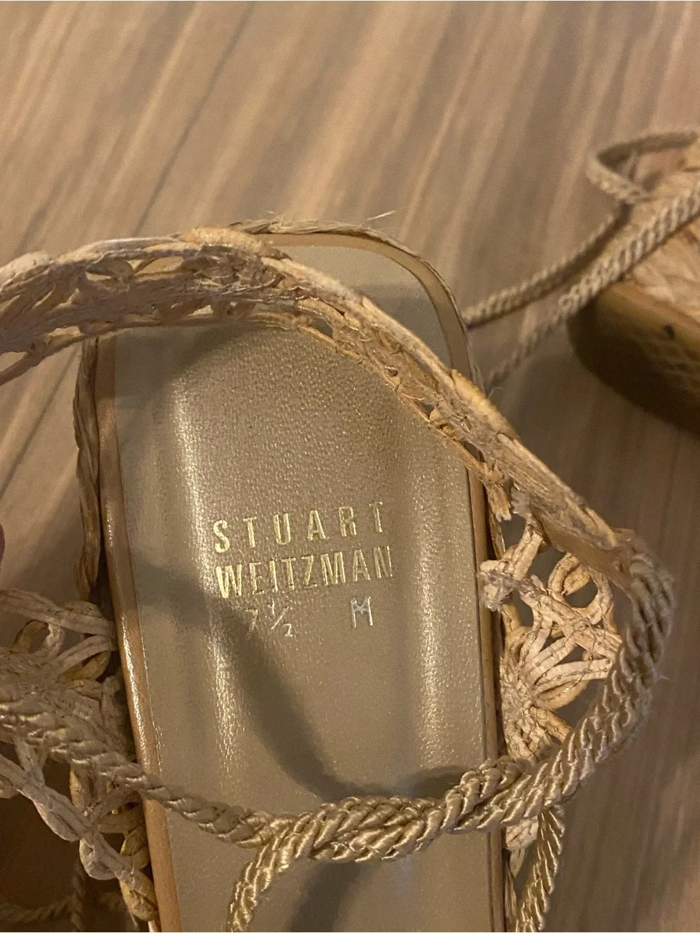 Stuart Weitzman Ladies 7 1/2 Daffodil jute and raffia wedge sandals bohemian loo